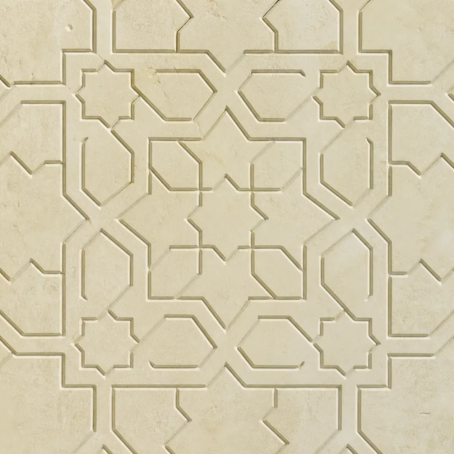 Islamic geometric pattern of interlacing eight-pointed stars carved in pale limestone