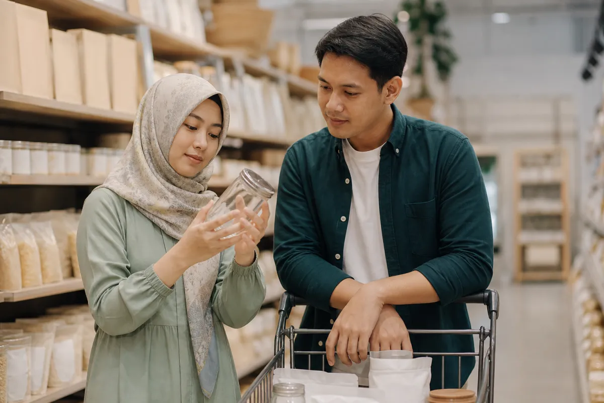A couple in a grocery aisle turning a jar over to check it before buying
